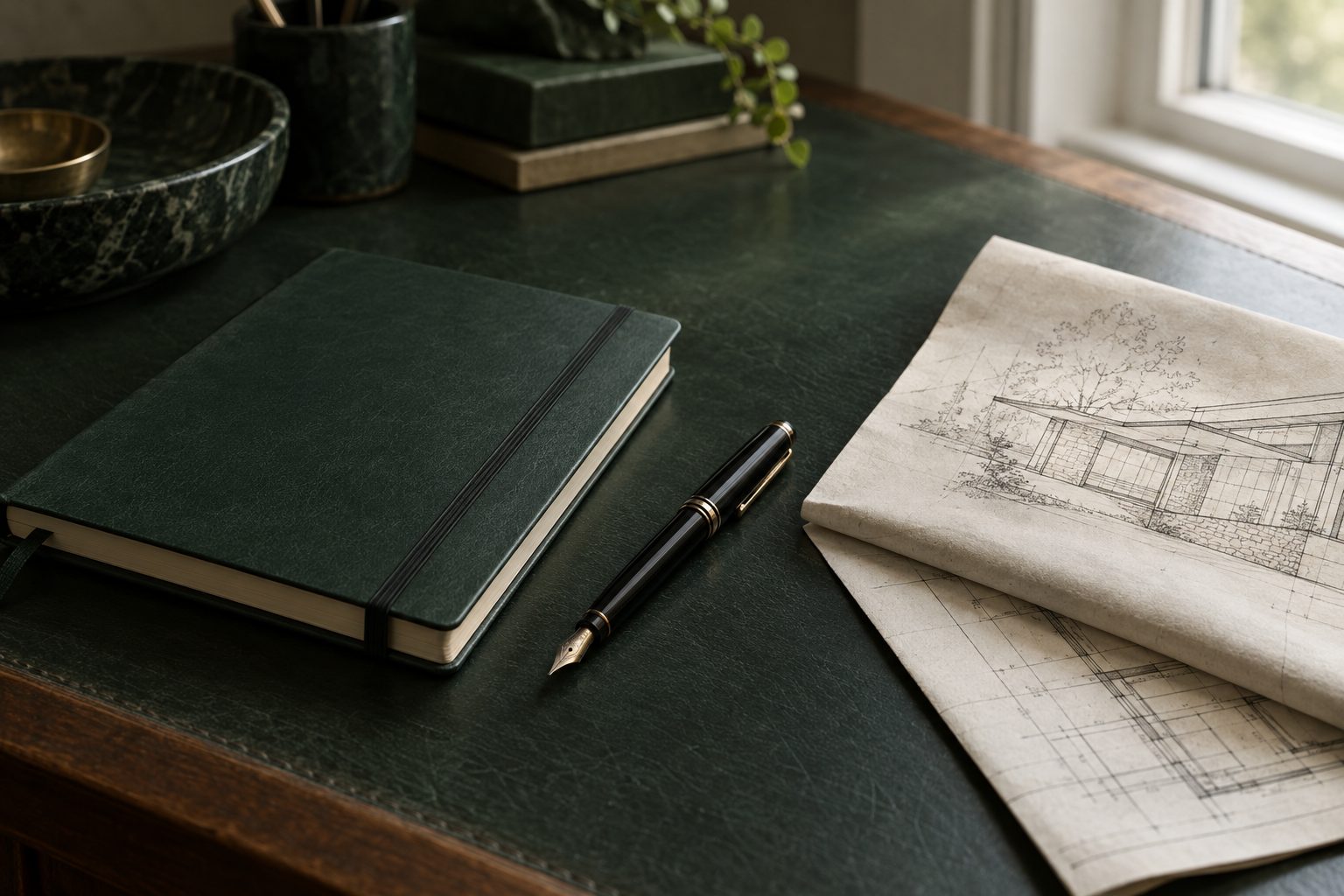 A closed notebook, fountain pen and folded drawing on a dark green leather desk