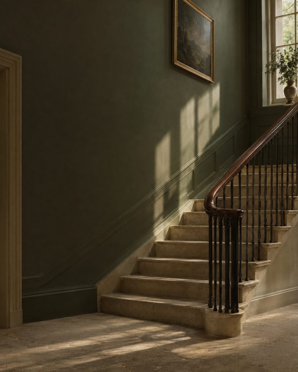 Late afternoon light across a pale stone staircase and dark oak handrail